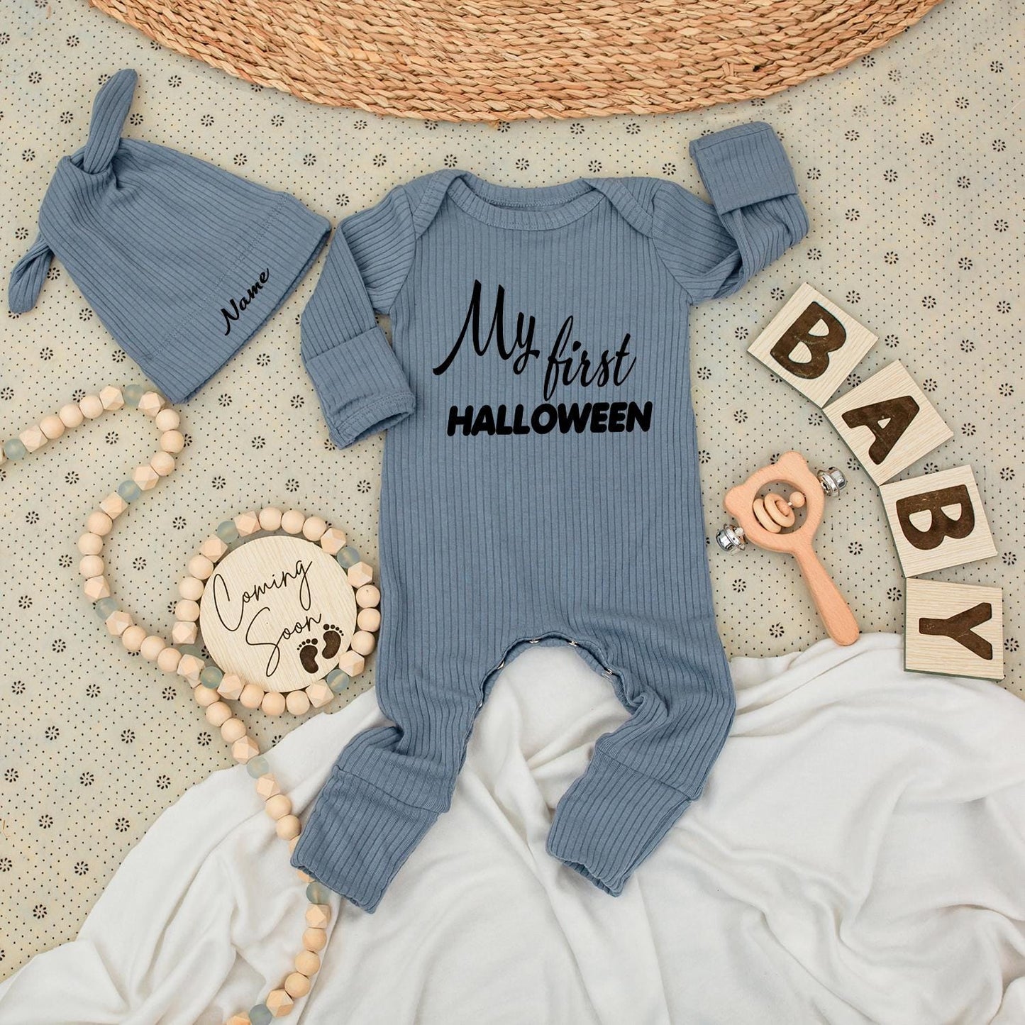 My First Halloween Baby Bodysuit Set Personalized Name Hat, Cute Newborn Outfit, Long Sleeve Jumpsuit Coming Home Gift, Little Pumpkin Announcement 139