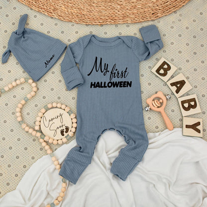 My First Halloween Baby Bodysuit Set Personalized Name Hat, Cute Newborn Outfit, Long Sleeve Jumpsuit Coming Home Gift, Little Pumpkin Announcement 139