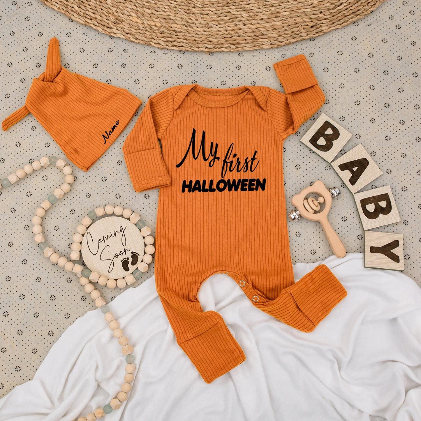 My First Halloween Baby Bodysuit Set Personalized Name Hat, Cute Newborn Outfit, Long Sleeve Jumpsuit Coming Home Gift, Little Pumpkin Announcement 139
