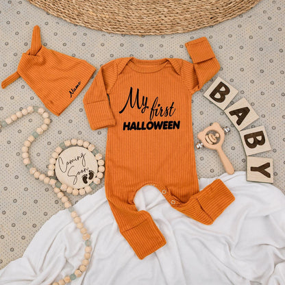 My First Halloween Baby Bodysuit Set Personalized Name Hat, Cute Newborn Outfit, Long Sleeve Jumpsuit Coming Home Gift, Little Pumpkin Announcement 139
