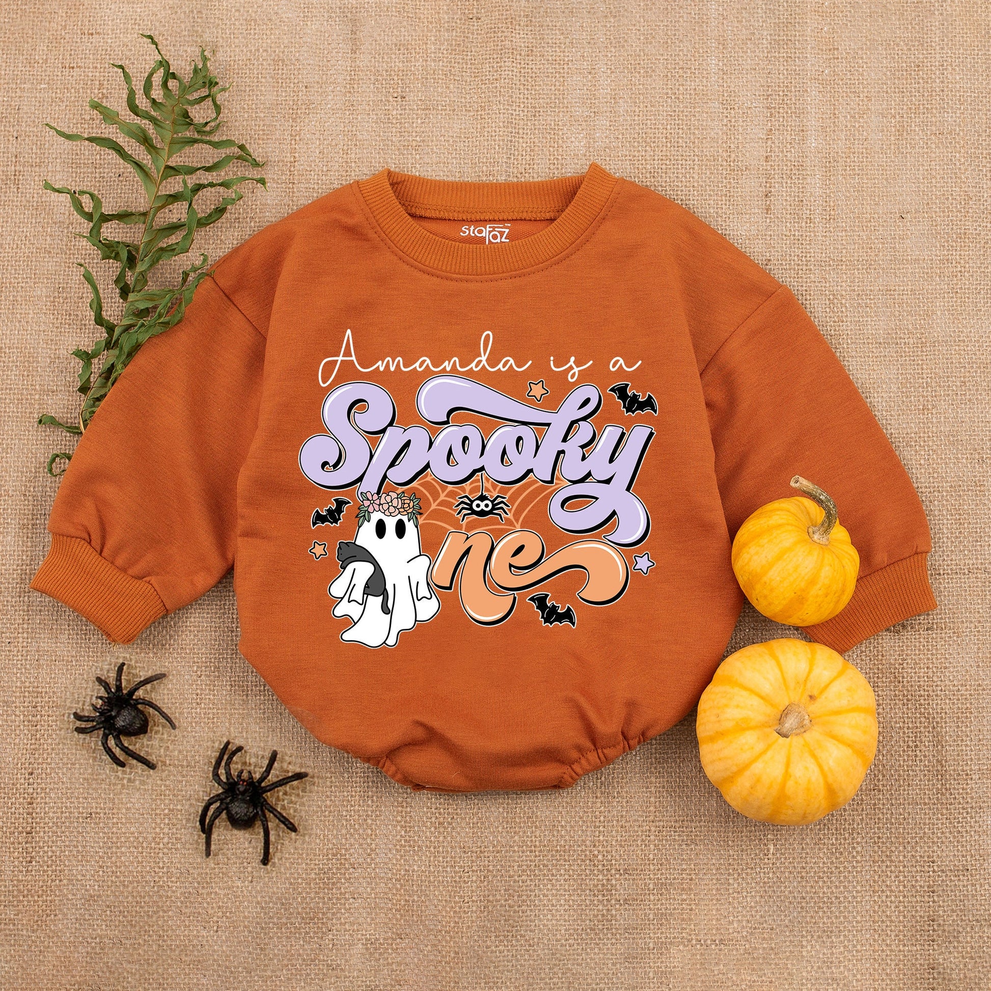 Amanda is a Spooky One Baby Romper Cute Ghost Halloween Outfit Purple White Orange Bats Stars Spiderweb Flower Crown Baby's First Halloween Gift