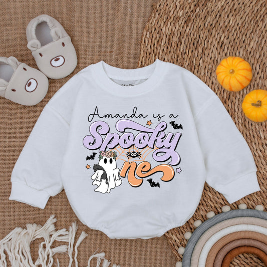 Amanda is a Spooky One Baby Romper Cute Ghost Halloween Outfit Purple White Orange Bats Stars Spiderweb Flower Crown Baby's First Halloween Gift