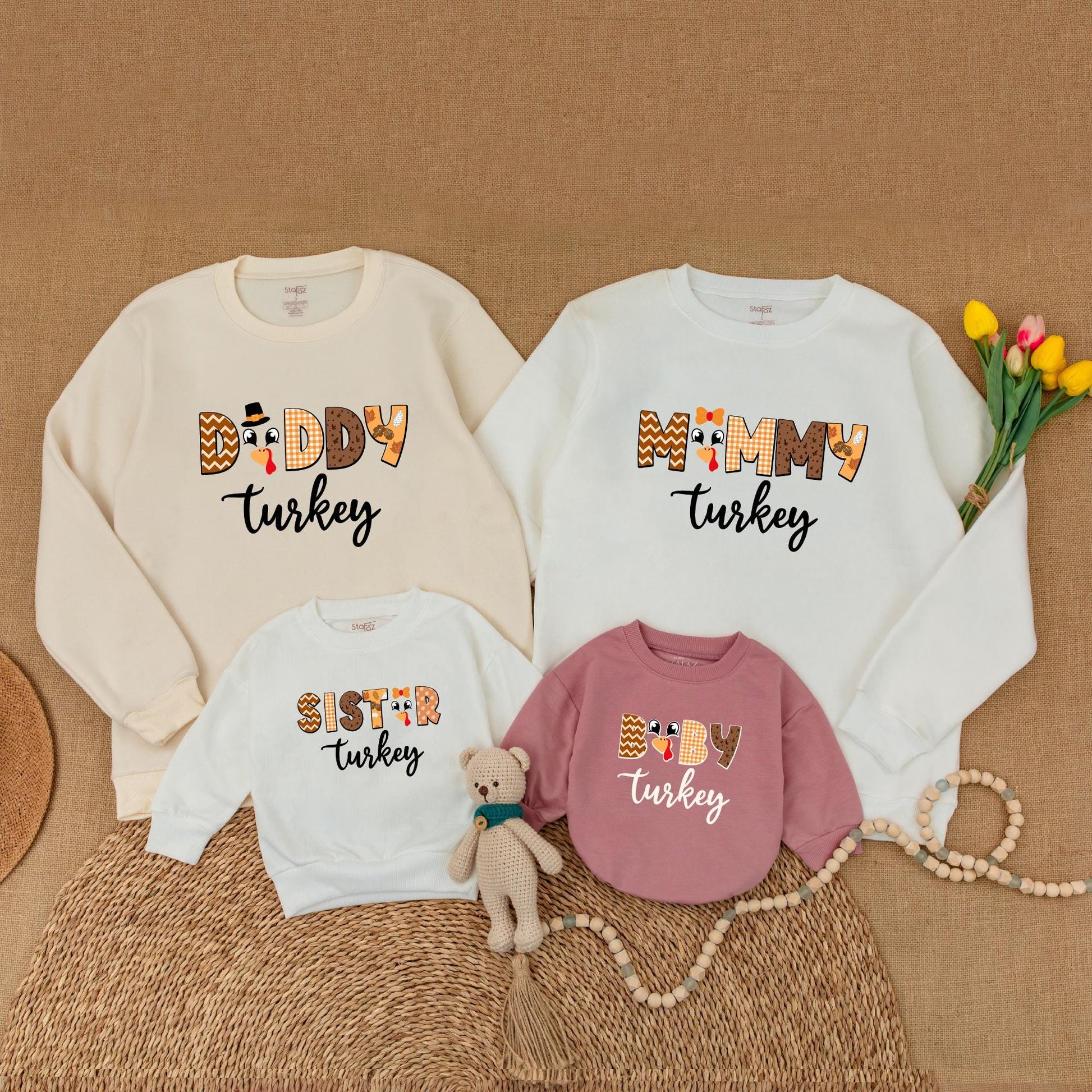 Matching Family Turkey Thanksgiving Sweatshirts: Retro Fall Outfits for Mommy, Daddy, Brother & Baby - Pumpkin Spice Season's Cutest Turkey Look! (139 chars)