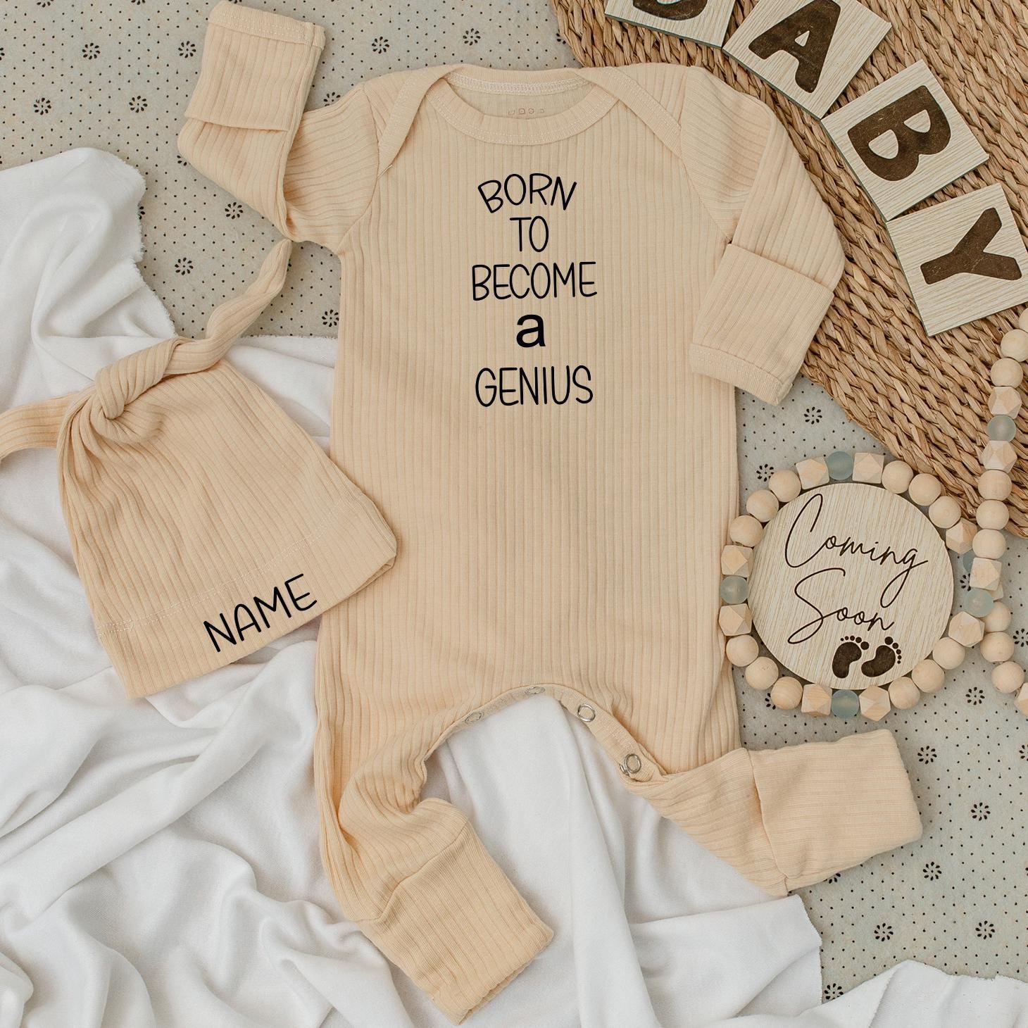 Born to Become a Genius Baby Bodysuit Set, Custom Name Hat, Minimalist Design Newborn Outfit, Cute & Funny Infant Clothes, Announcement Gift 138