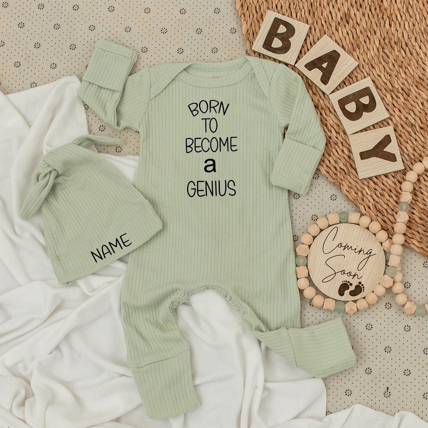 Born to Become a Genius Baby Bodysuit Set, Custom Name Hat, Minimalist Design Newborn Outfit, Cute & Funny Infant Clothes, Announcement Gift 138
