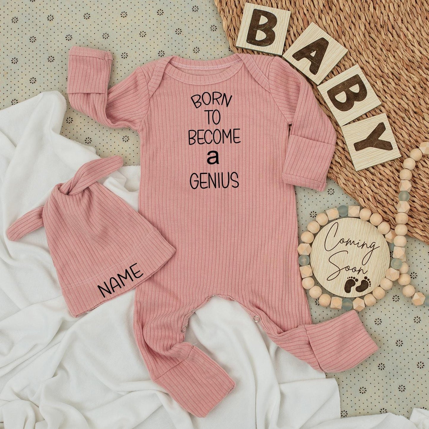 Born to Become a Genius Baby Bodysuit Set, Custom Name Hat, Minimalist Design Newborn Outfit, Cute & Funny Infant Clothes, Announcement Gift 138