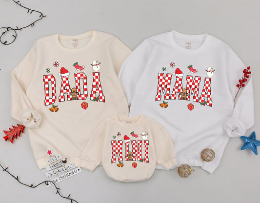 Retro Checkered "Mama Dada Mini" Family Christmas Sweaters Cozy Holiday Matching Outfits Red White Green Playful Festive
