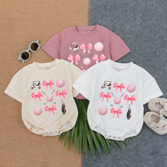 Golf Baby Romper with Pink Bow: Cute Newborn Game Day Outfit