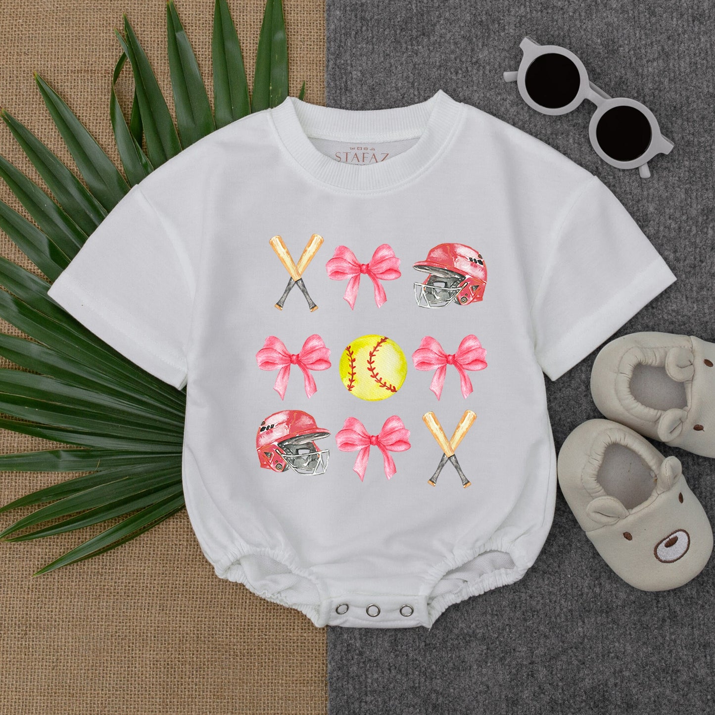 Playful Softball Pink Bow Bubble Romper Newborn Baby Girl Game Day Outfit with Crossed Bats Helmet Yellow Softball Cute Birthday Summer Clothes