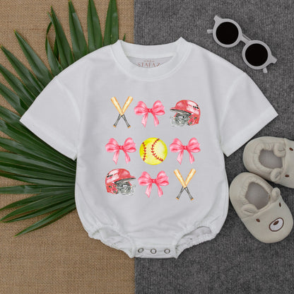 Playful Softball Pink Bow Bubble Romper Newborn Baby Girl Game Day Outfit with Crossed Bats Helmet Yellow Softball Cute Birthday Summer Clothes