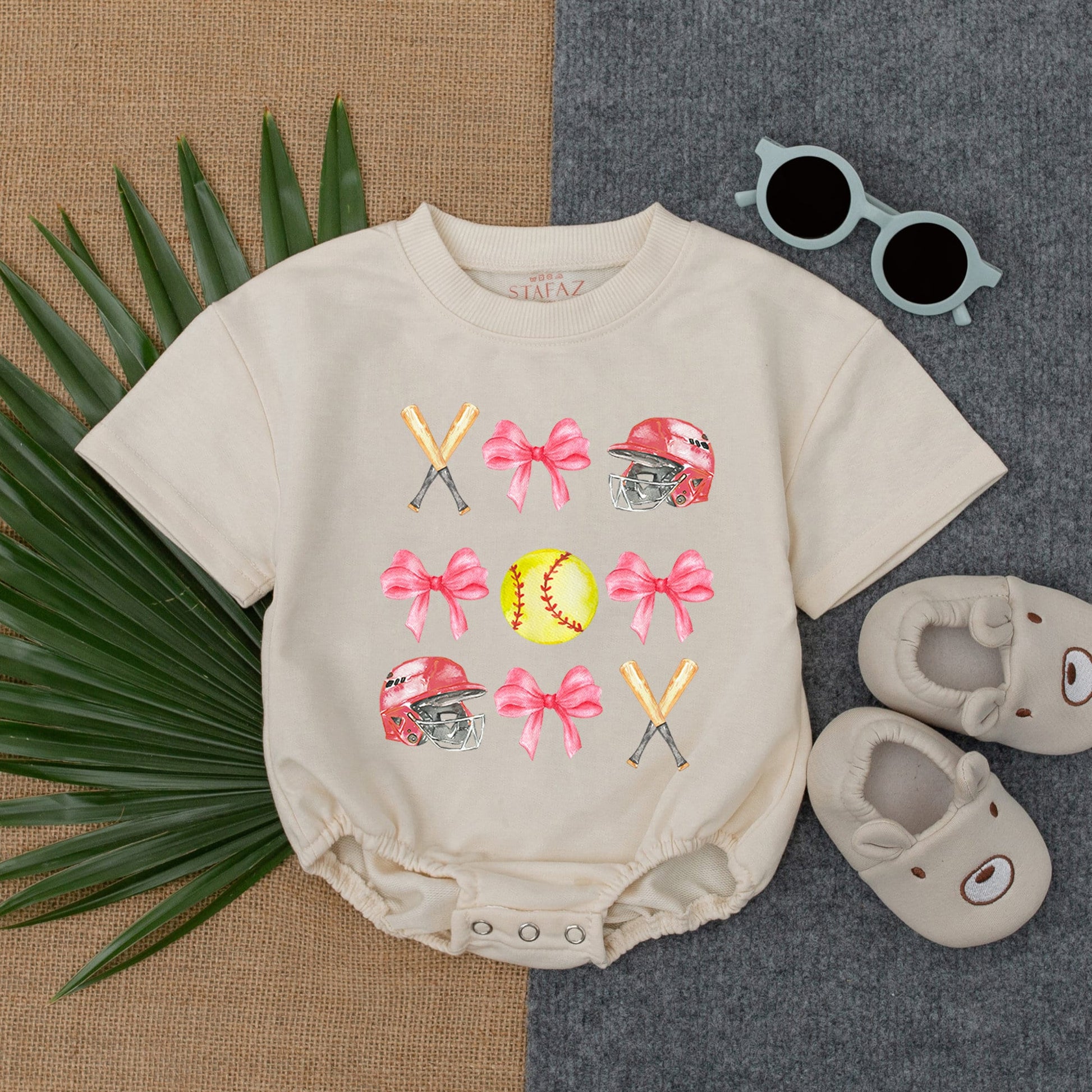 Playful Softball Pink Bow Bubble Romper Newborn Baby Girl Game Day Outfit with Crossed Bats Helmet Yellow Softball Cute Birthday Summer Clothes