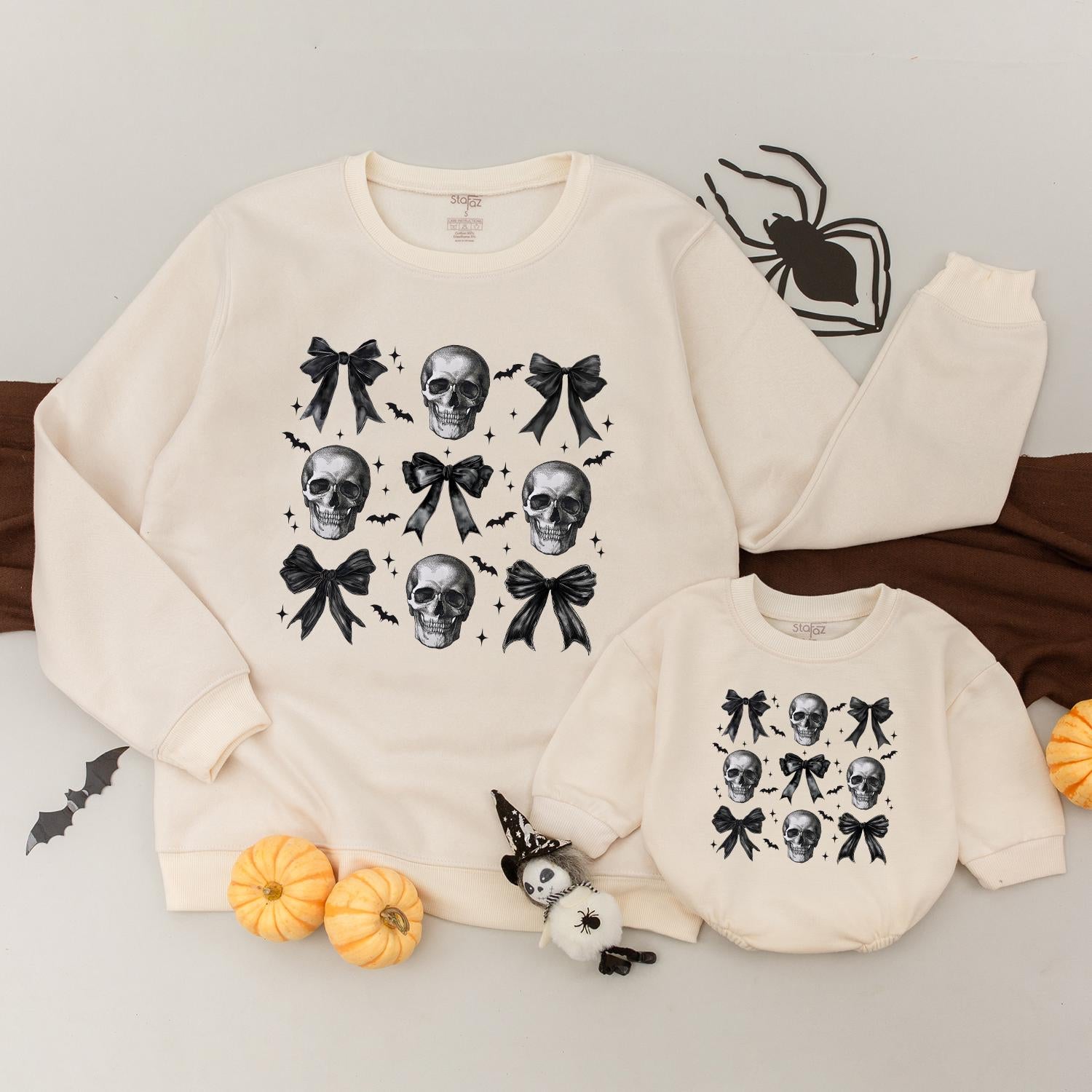 Retro Skull Bow Sweatshirt & Baby Romper: Trendy Mommy & Me Set