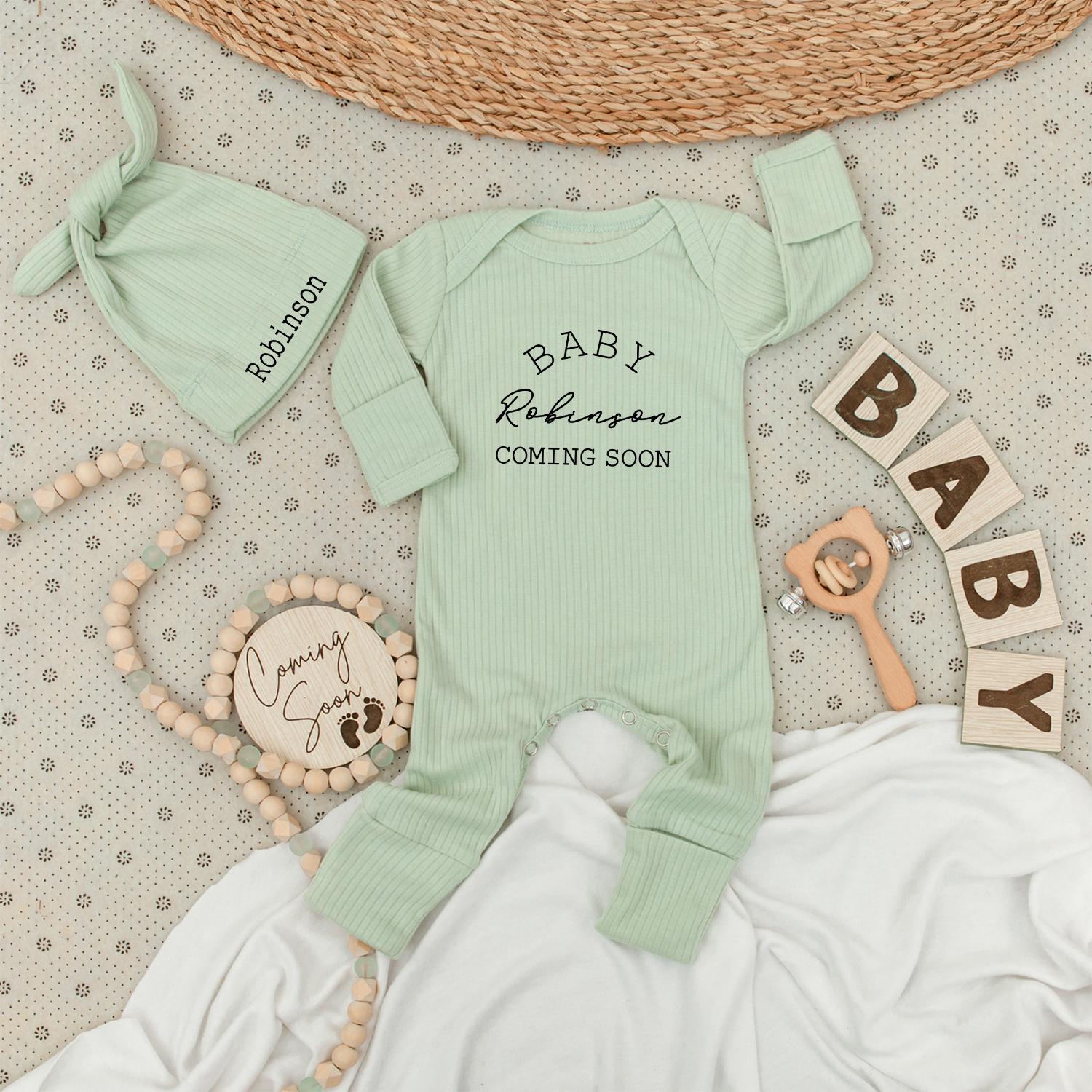 Custom Baby Announcement Bodysuit Hat Set featuring "BABY Robinson COMING SOON" Black Print Newborn Boy Girl Gift Shower Soft Cotton Outfit Jumpsuit Romper