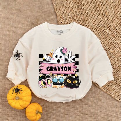 Cute Cartoon Ghost First Halloween Baby Girl Romper with Grayson Pink Banner Whimsical Pastel Outfit