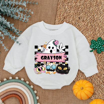 Cute Cartoon Ghost First Halloween Baby Girl Romper with Grayson Pink Banner Whimsical Pastel Outfit
