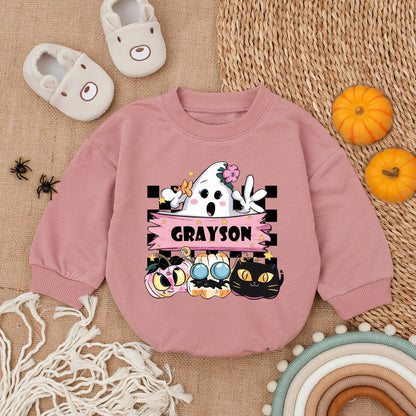 Cute Cartoon Ghost First Halloween Baby Girl Romper with Grayson Pink Banner Whimsical Pastel Outfit
