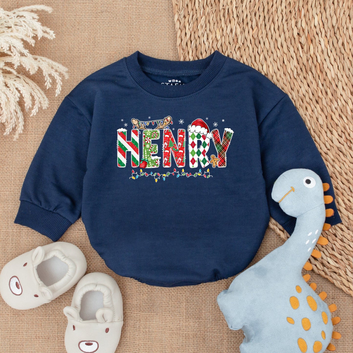 Customized Christmas Baby Bubble Romper Festive Name Patterned Letters Holiday Lights Newborn Bodysuit Sweatshirt Gingerbread