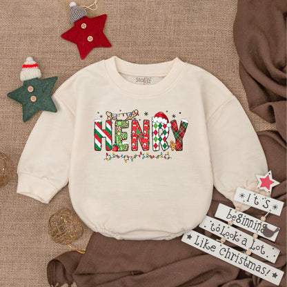 Customized Christmas Baby Bubble Romper Festive Name Patterned Letters Holiday Lights Newborn Bodysuit Sweatshirt Gingerbread