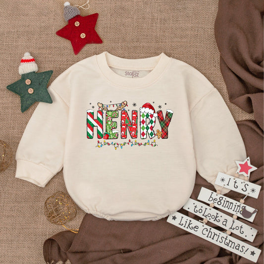 Customized Christmas Baby Bubble Romper Festive Name Patterned Letters Holiday Lights Newborn Bodysuit Sweatshirt Gingerbread