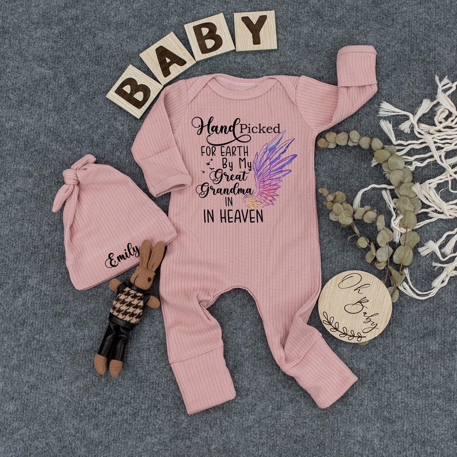 Hand Picked for Earth by My Grandma in Heaven Baby Bodysuit, Angel Wing Newborn Outfit, Pregnancy Announcement, Baby Shower Gift, Personalized Emily 138 chars