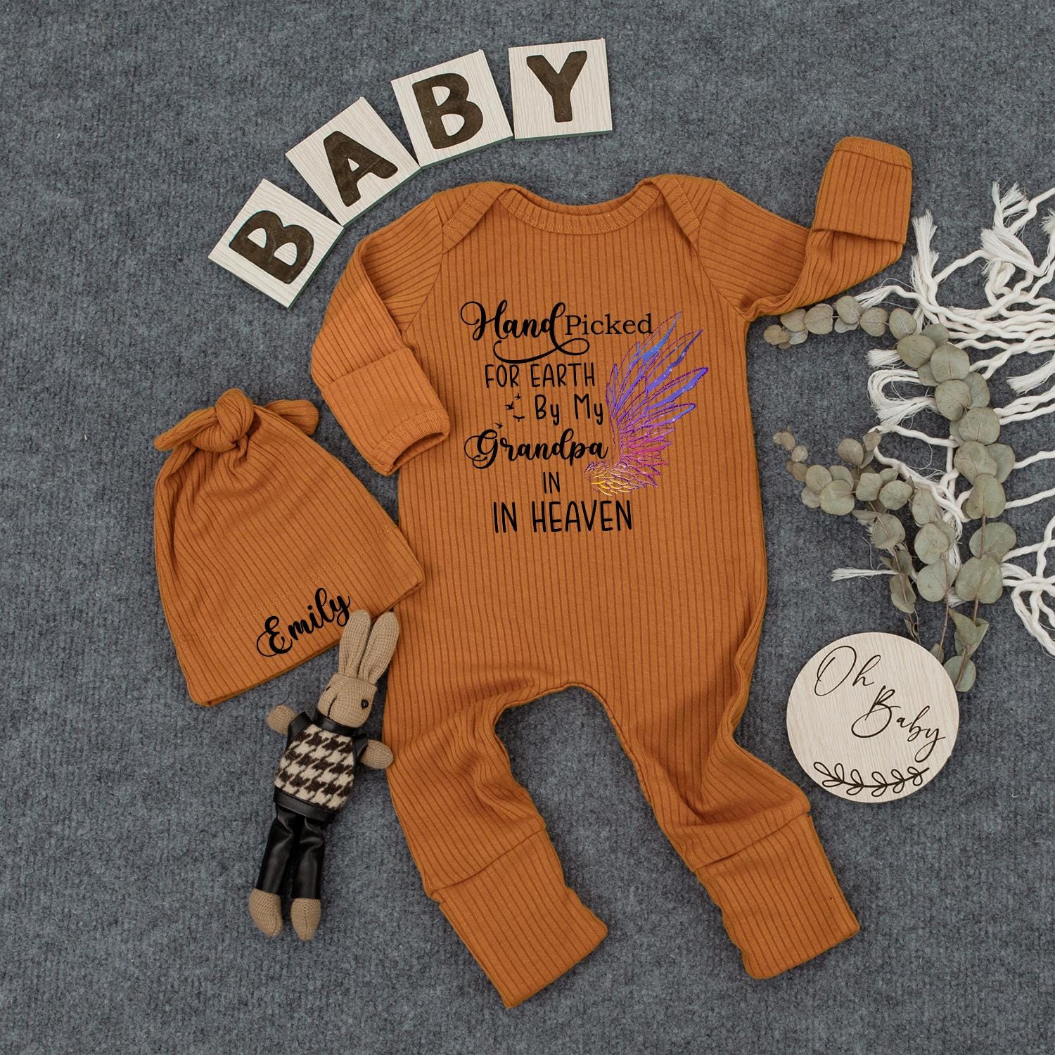 Hand Picked for Earth by My Grandma in Heaven Baby Bodysuit, Angel Wing Newborn Outfit, Pregnancy Announcement, Baby Shower Gift, Personalized Emily 138 chars