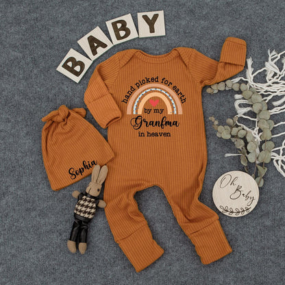 Custom Hand Picked for Earth by My Grandma in Heaven Bodysuit Soft Peach Blue Beige Rainbow Baby Shower Gift Newborn Clothes