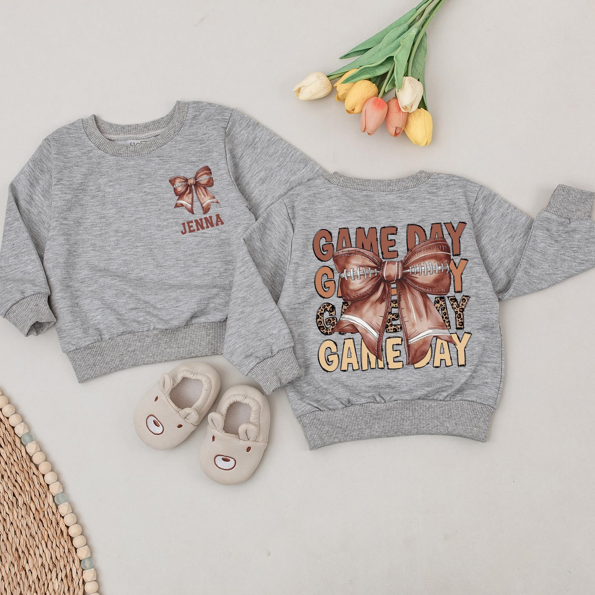 Personalized Baby Girl Game Day Football Outfit Retro Bow Bubble Romper Vintage Animal Print Jenna Name Brown Hue Sweatshirt