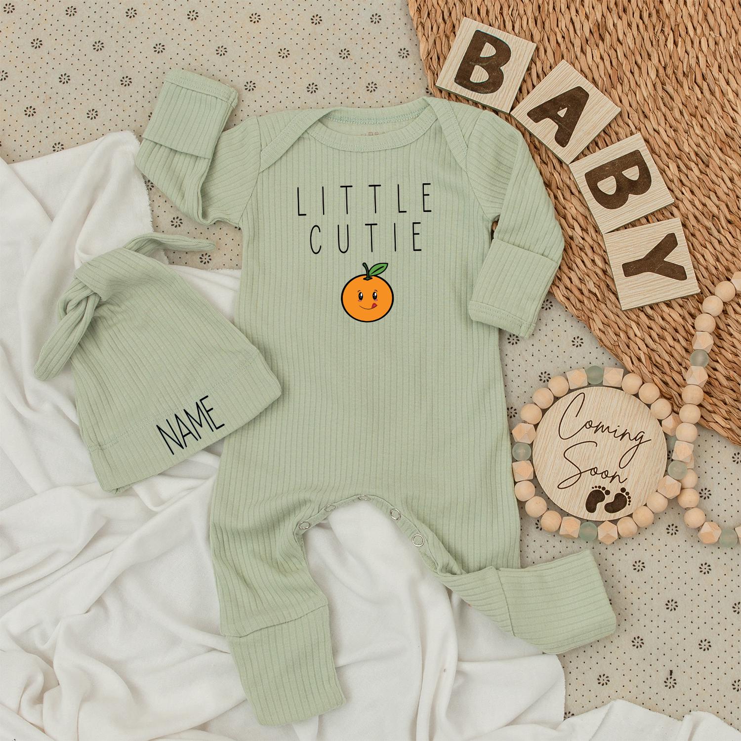 Little Cutie Personalized Baby Bodysuit and Hat Set, Smiling Orange Design, Custom Name Outfit, Newborn Gift, Soft Cotton, Coming Home Outfit Adorable Clothes