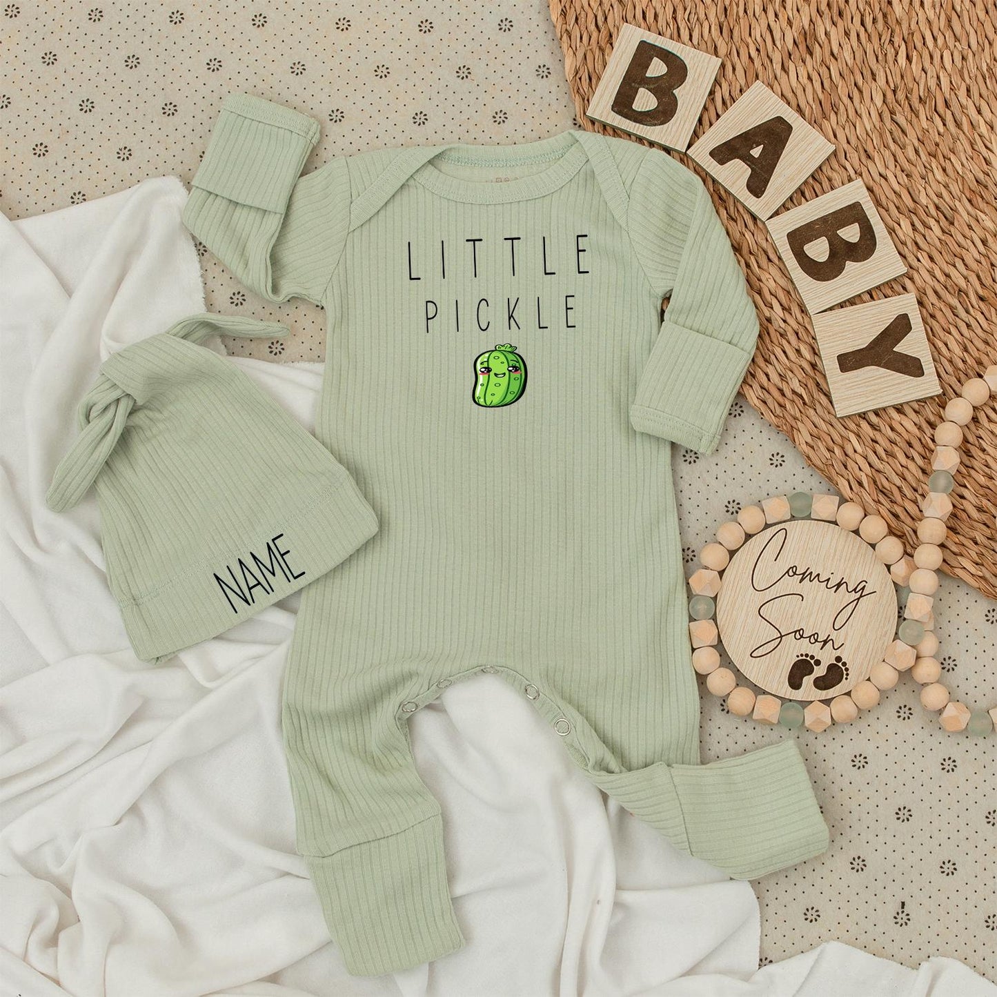 Little Pickle Baby Bodysuit and Hat Set Cute Green Pickle Design New Baby Gift Going Home Outfit Organic Cotton