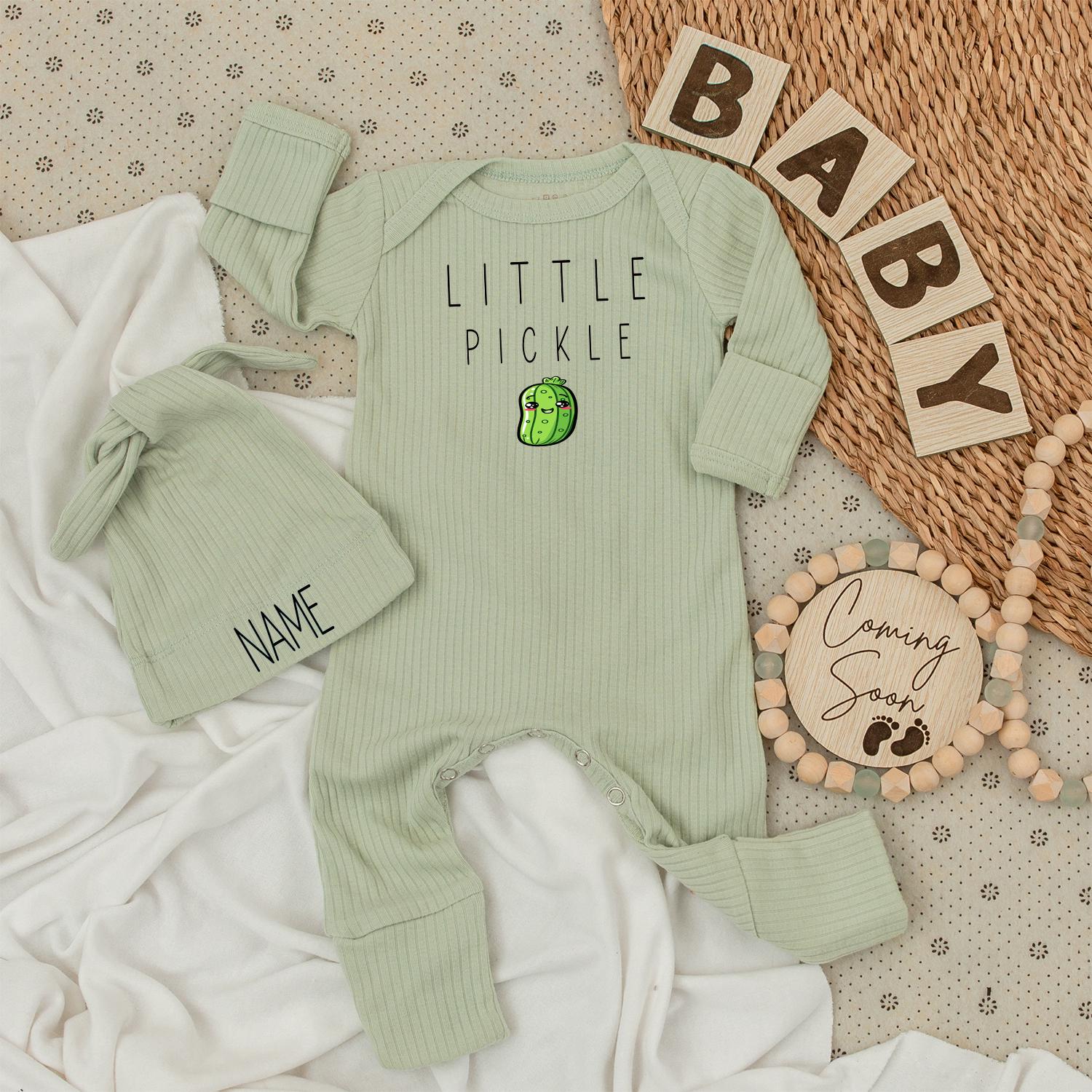 Little Pickle Baby Bodysuit and Hat Set Cute Green Pickle Design New Baby Gift Going Home Outfit Organic Cotton