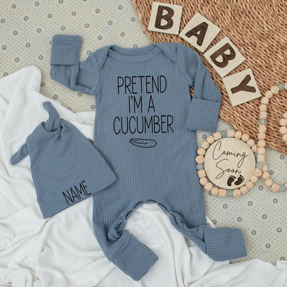 Personalized Pretend I'm a Cucumber Baby Bodysuit and Name Hat Set Cute New Baby Gift Newborn Going Home Outfit Gender Neutral Romper