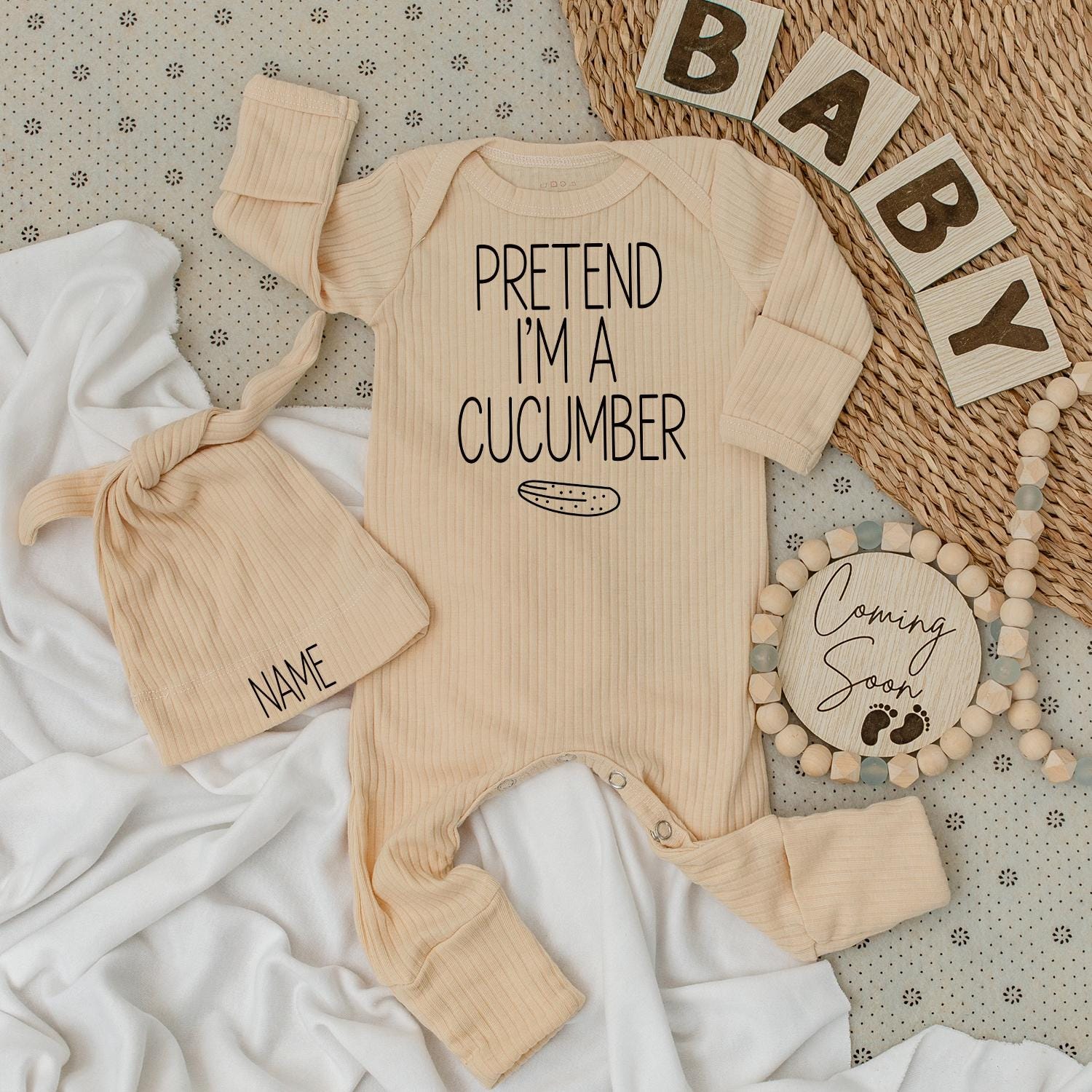 Personalized Pretend I'm a Cucumber Baby Bodysuit and Name Hat Set Cute New Baby Gift Newborn Going Home Outfit Gender Neutral Romper