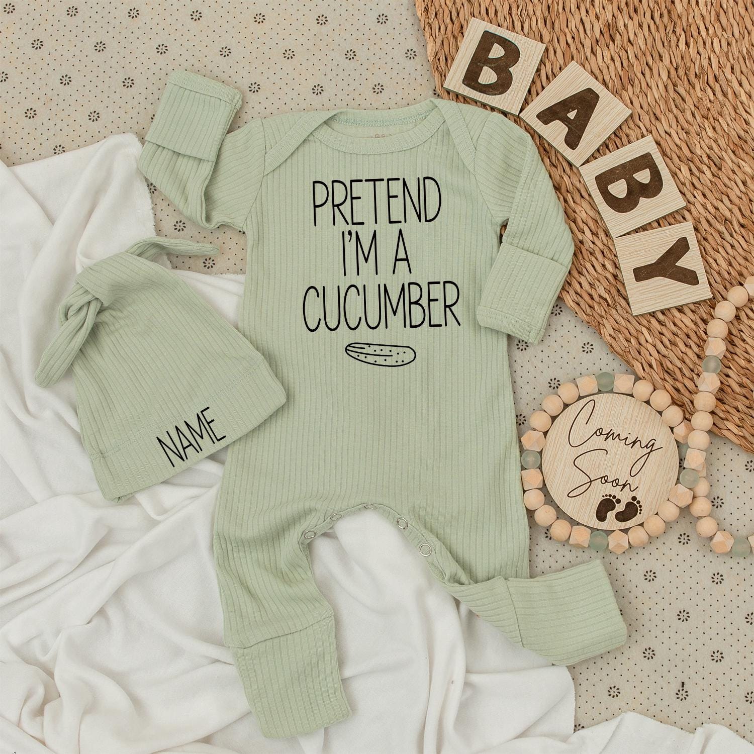 Personalized Pretend I'm a Cucumber Baby Bodysuit and Name Hat Set Cute New Baby Gift Newborn Going Home Outfit Gender Neutral Romper