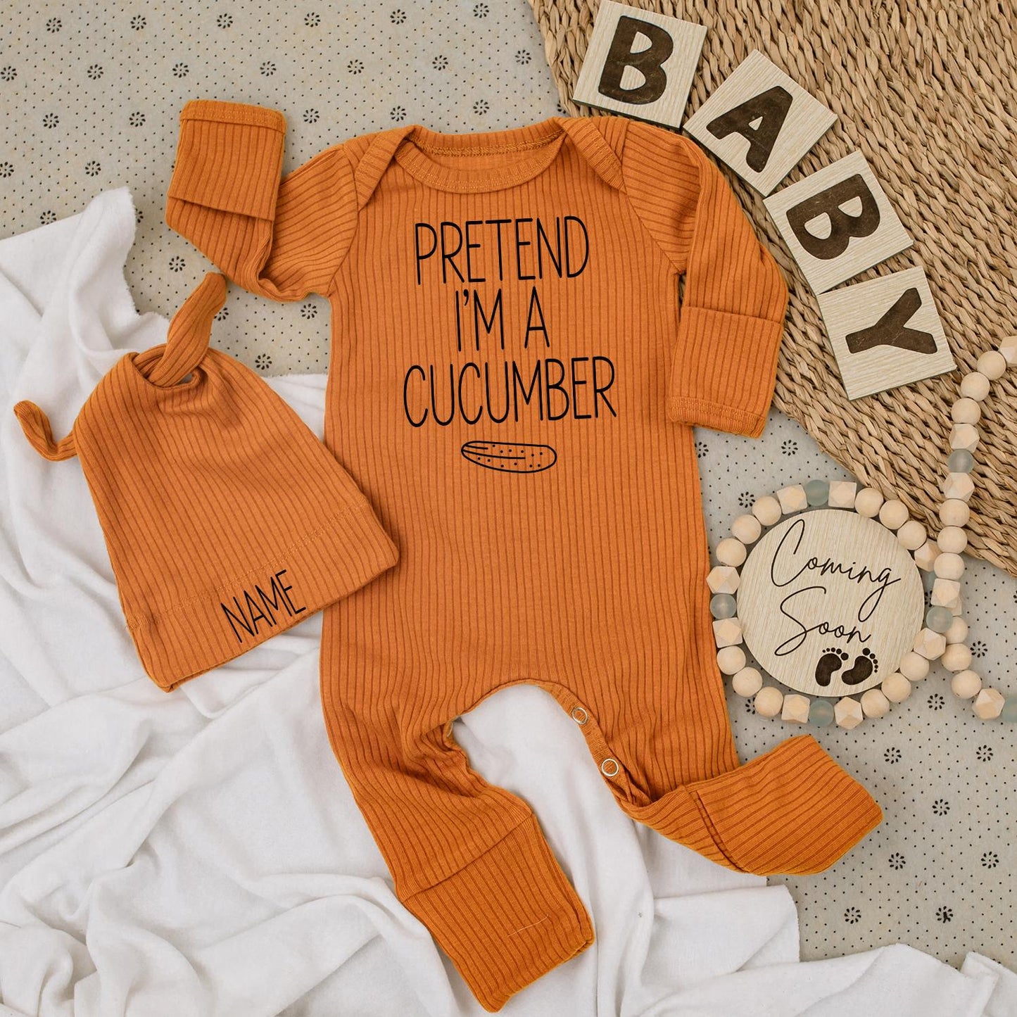 Personalized Pretend I'm a Cucumber Baby Bodysuit and Name Hat Set Cute New Baby Gift Newborn Going Home Outfit Gender Neutral Romper