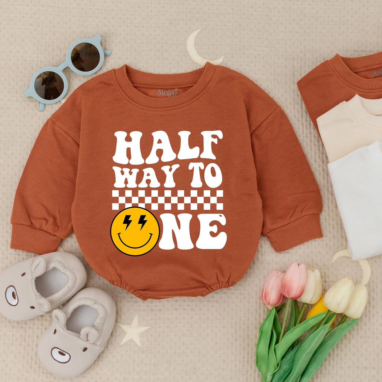 Halfway to One Birthday Romper - Unisex Smiley Face Party Outfit