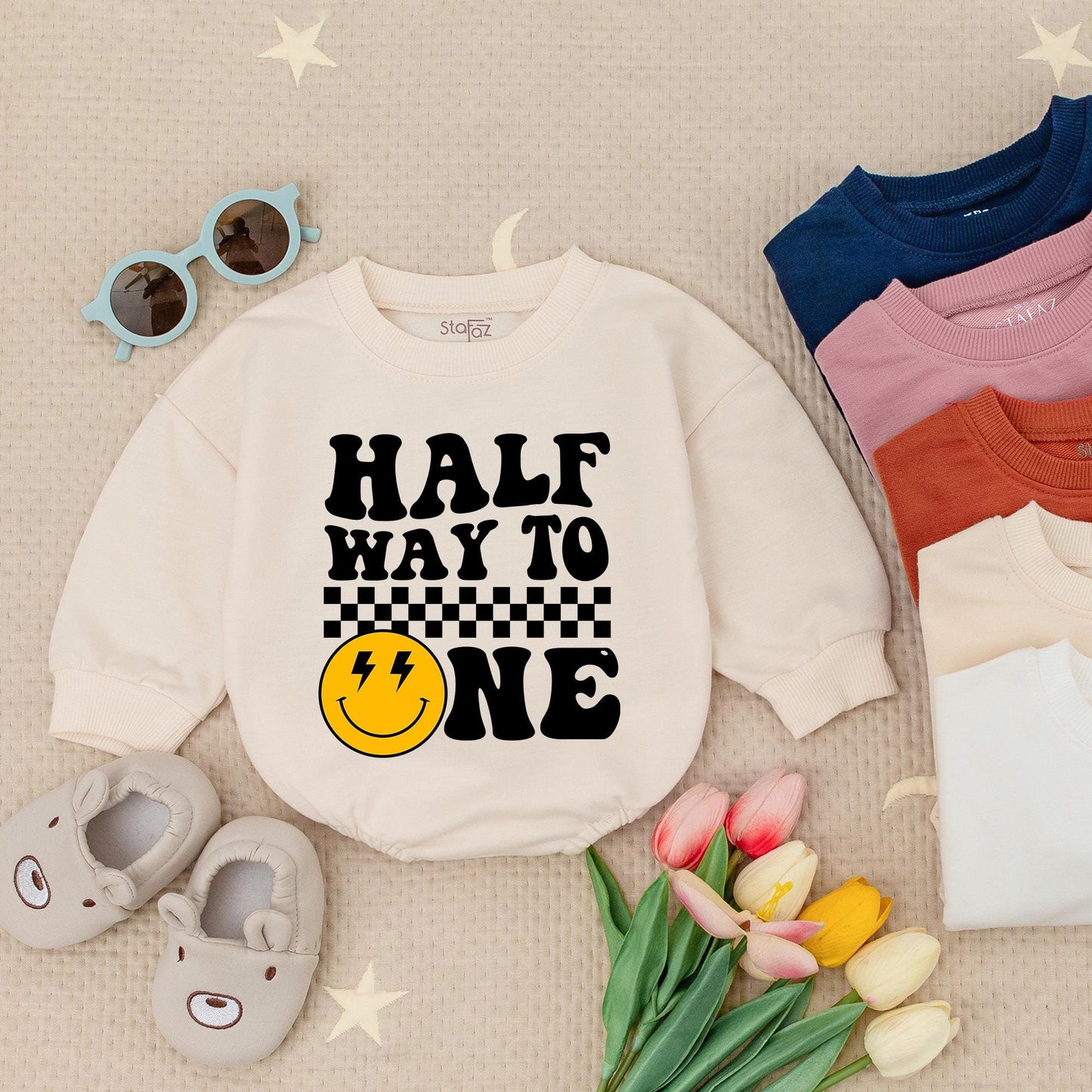 Halfway to One Birthday Romper - Unisex Smiley Face Party Outfit