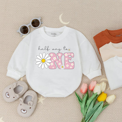 Personalized Daisy Half Birthday Girl Romper Cute Boho Pink Outfit with 1/2 ONE Design Whimsical Newborn Bodysuit Vintage Inspired Baby Shower Gift Clothes