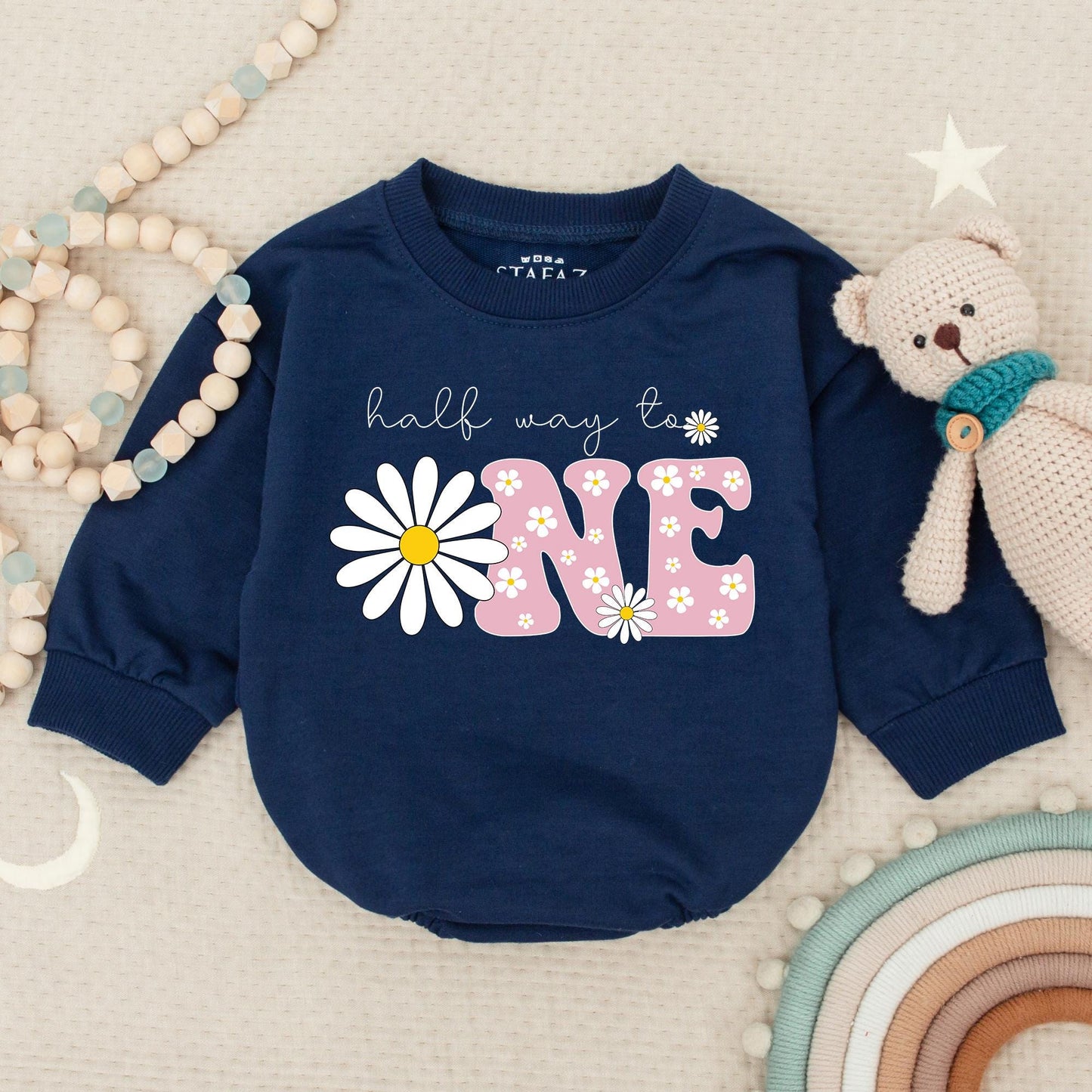 Personalized Daisy Half Birthday Girl Romper Cute Boho Pink Outfit with 1/2 ONE Design Whimsical Newborn Bodysuit Vintage Inspired Baby Shower Gift Clothes