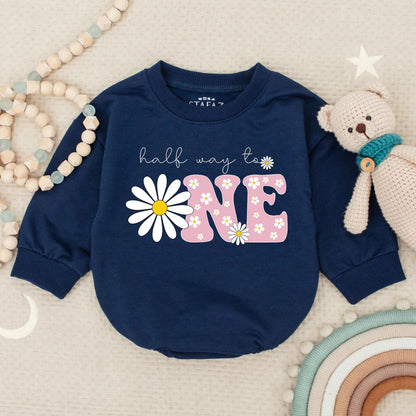 Personalized Daisy Half Birthday Girl Romper Cute Boho Pink Outfit with 1/2 ONE Design Whimsical Newborn Bodysuit Vintage Inspired Baby Shower Gift Clothes