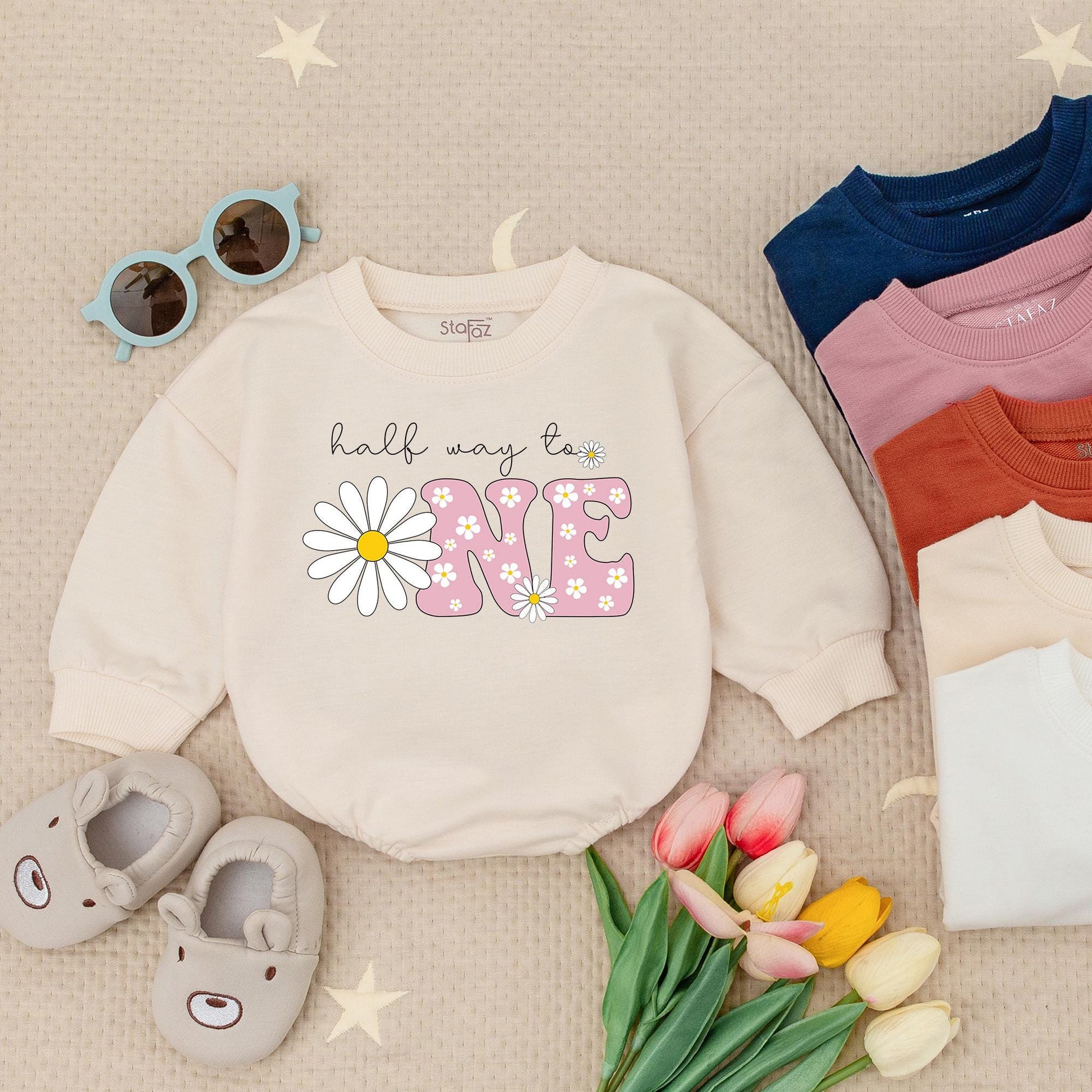Personalized Daisy Half Birthday Girl Romper Cute Boho Pink Outfit with 1/2 ONE Design Whimsical Newborn Bodysuit Vintage Inspired Baby Shower Gift Clothes