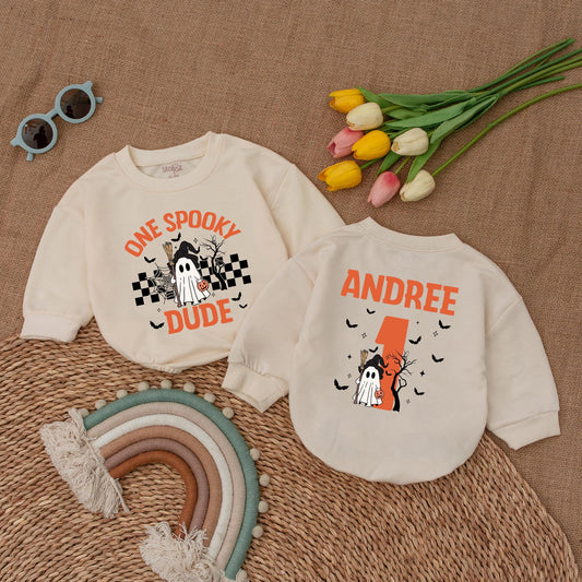 One Spooky Dude Baby Romper Boy Halloween Birthday Bodysuit, Ghost Witch Hat Jack-o'-Lantern Fall Baby Clothes Spooky Season