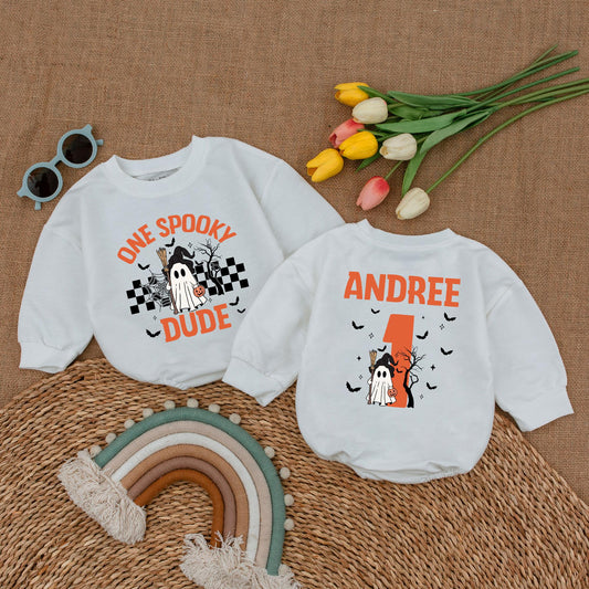 One Spooky Dude Baby Romper Boy Halloween Birthday Bodysuit, Ghost Witch Hat Jack-o'-Lantern Fall Baby Clothes Spooky Season