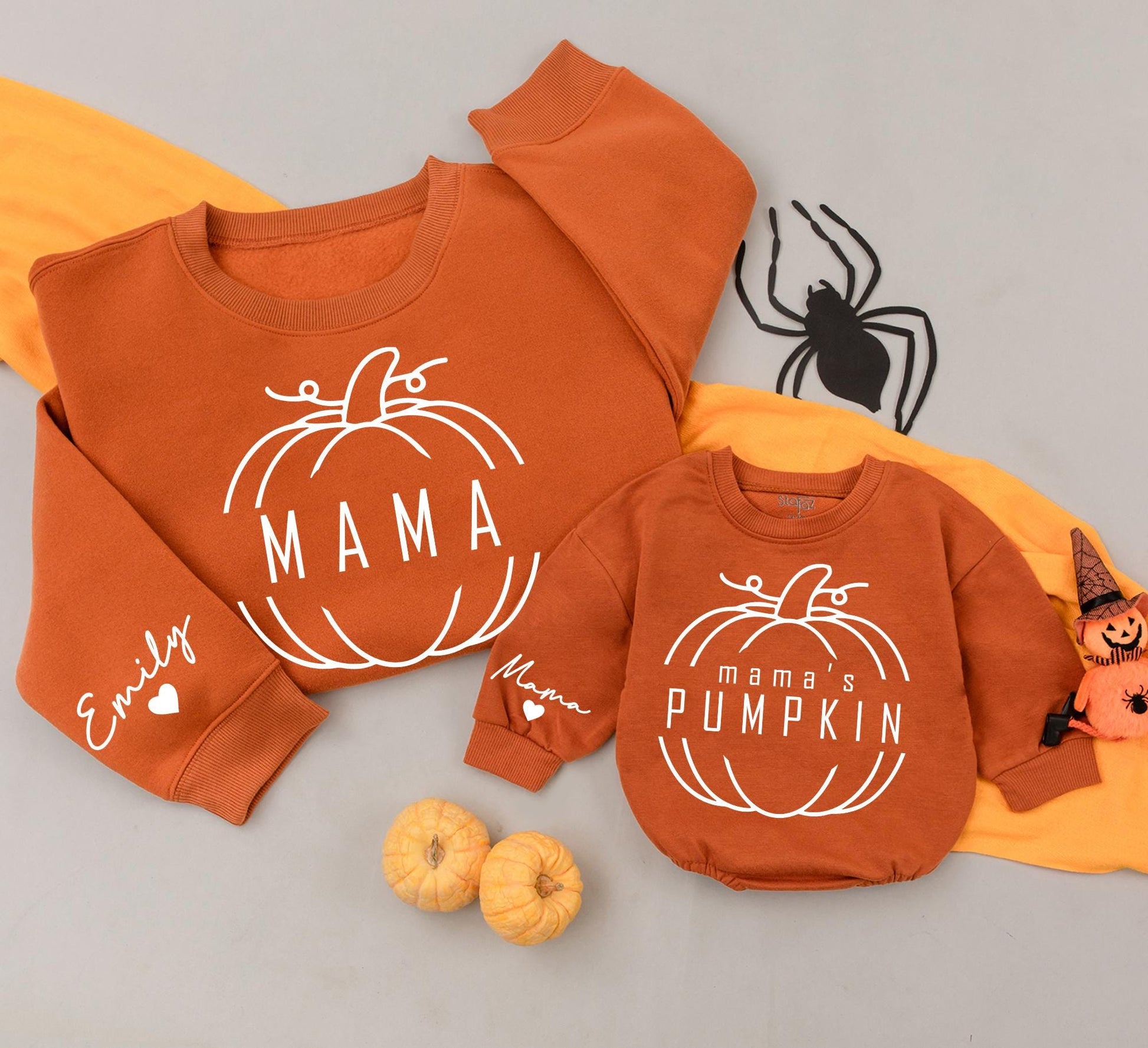 Personalized Mama & Emily's Pumpkin Matching Set, Fall Baby Romper, Mommy and Me Sweatshirt Outfit, Custom Mom & Daughter Thanksgiving Gift, 139 chars