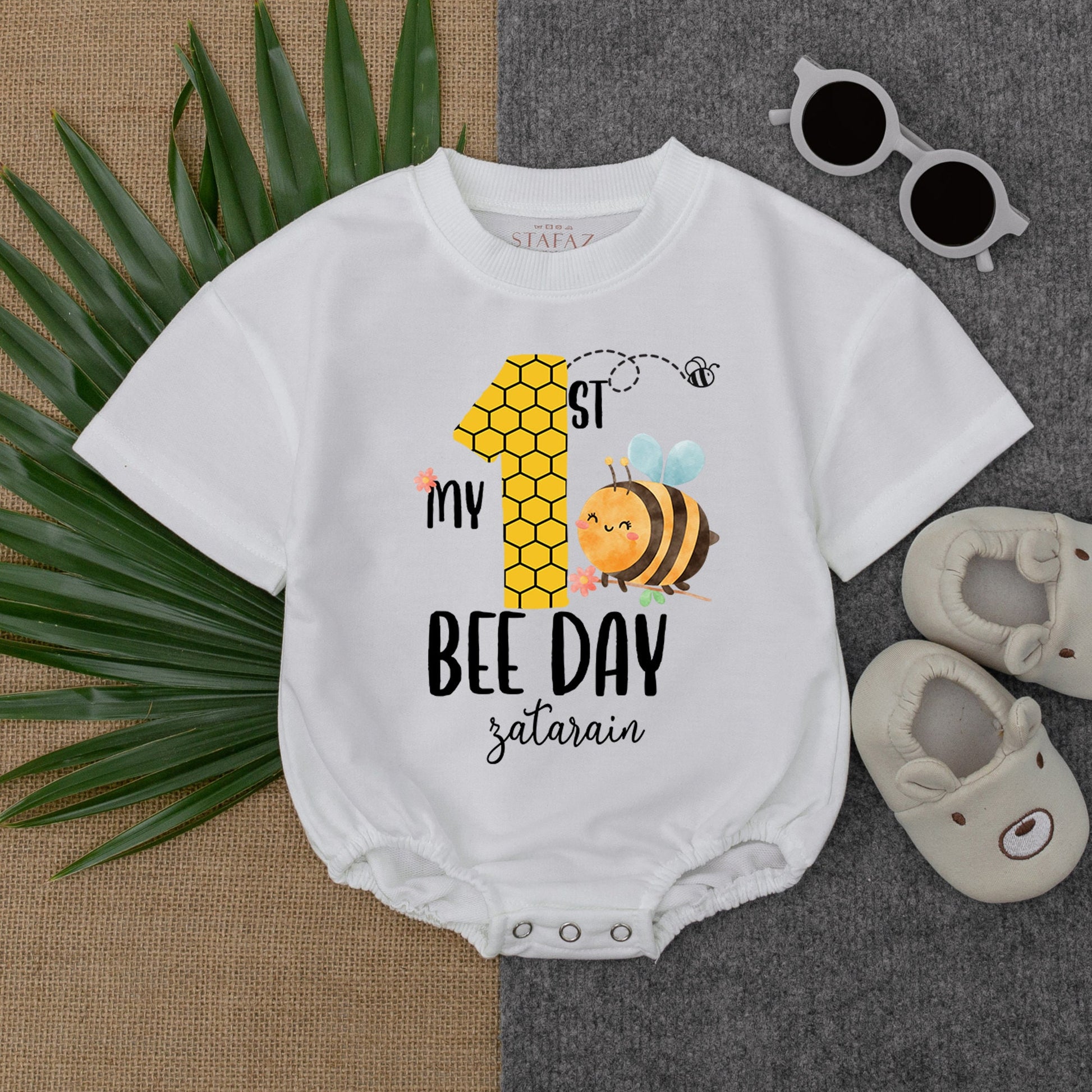 1st Bee Day Baby Romper - Personalized Bumble Bee 1st Birthday Outfit