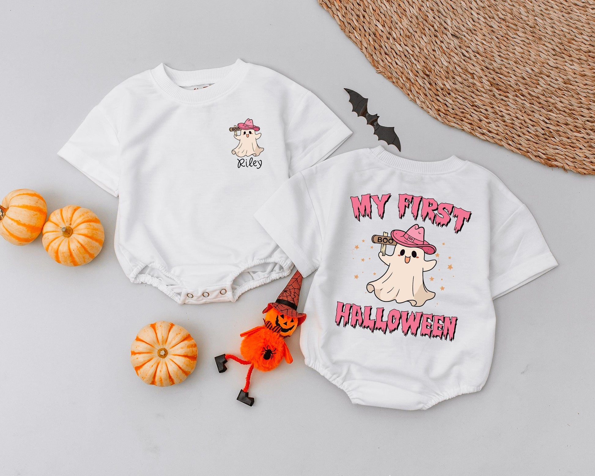 Personalized My First Halloween Baby Romper Vintage Ghost Pink Cowboy Hat Bodysuit Bubble Outfit Cute Fall First Birthday Gift
