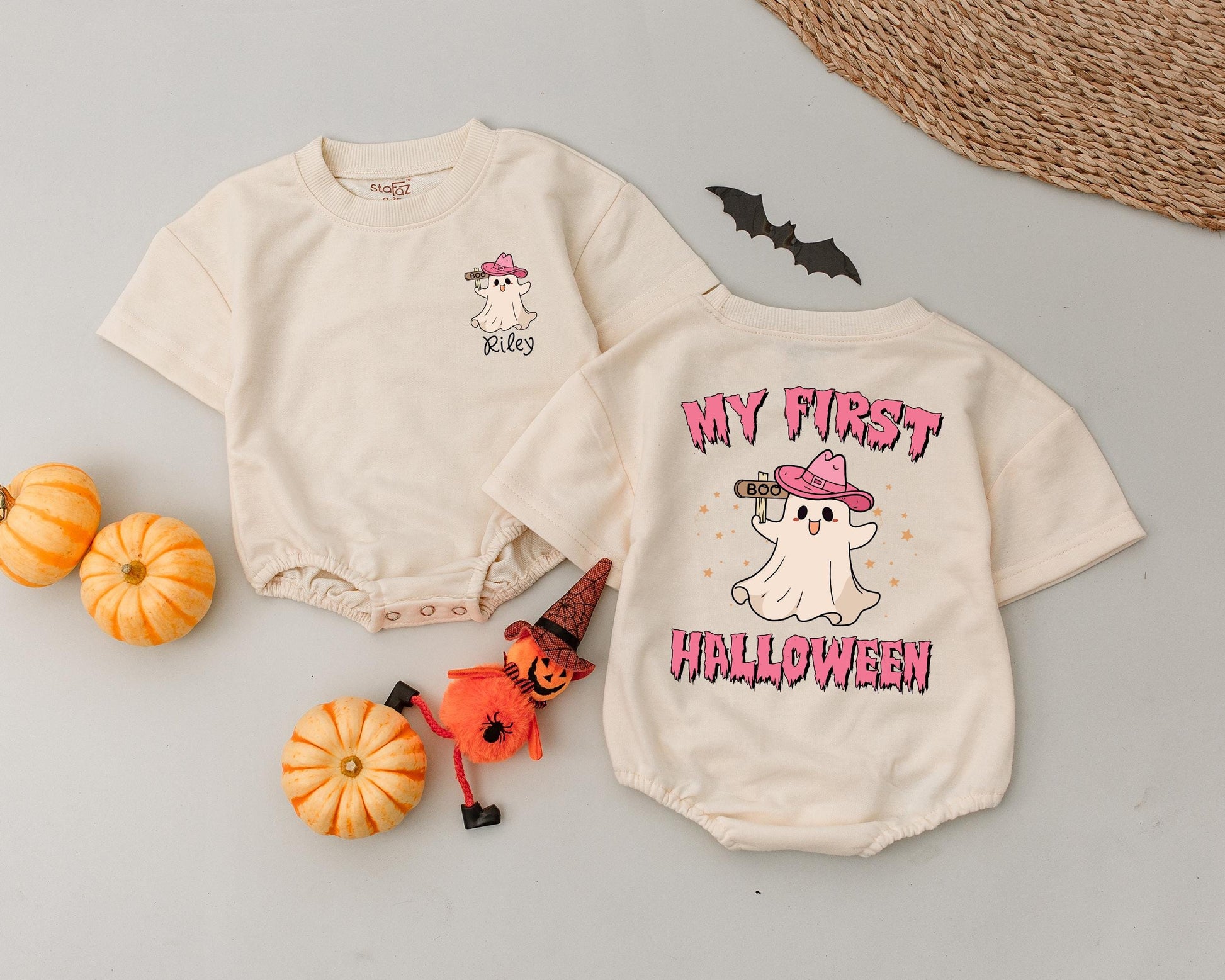 Personalized My First Halloween Baby Romper Vintage Ghost Pink Cowboy Hat Bodysuit Bubble Outfit Cute Fall First Birthday Gift