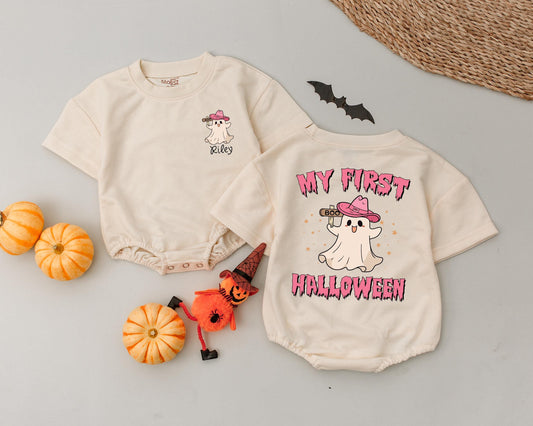 Personalized My First Halloween Baby Romper Vintage Ghost Pink Cowboy Hat Bodysuit Bubble Outfit Cute Fall First Birthday Gift
