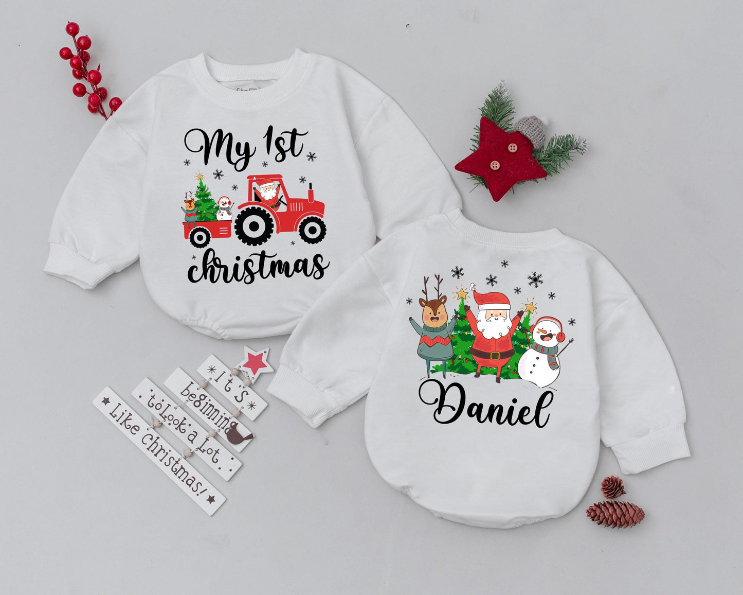 Custom Name Retro Baby Bodysuit, First Christmas Bubble Romper