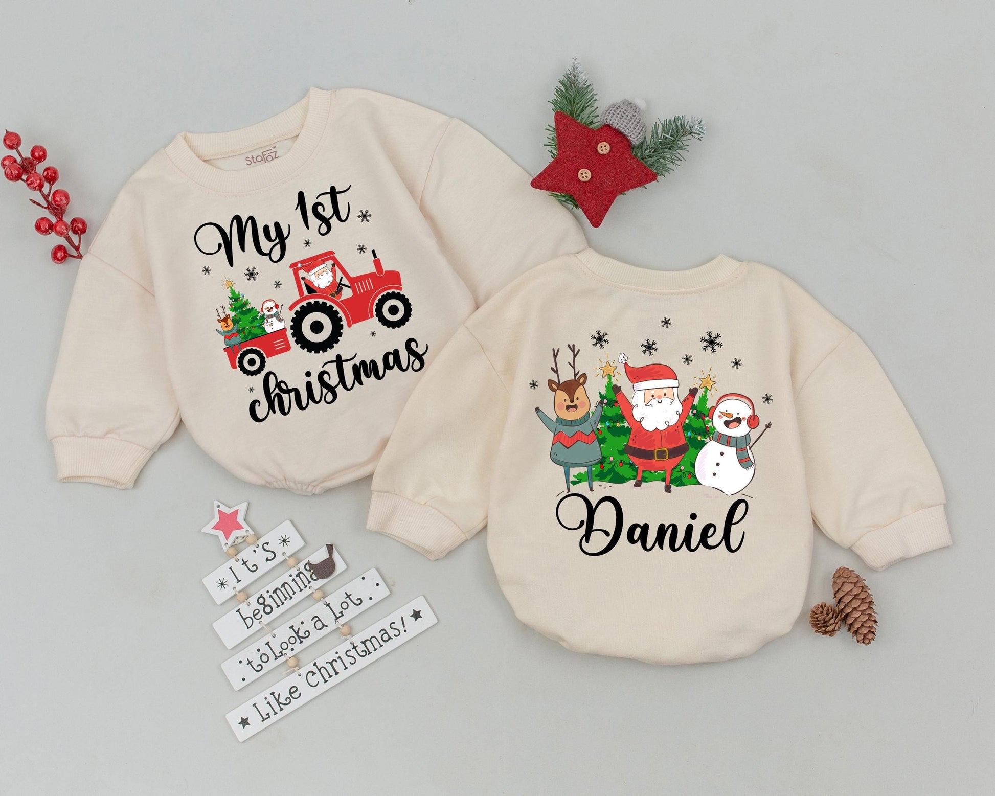 Custom Name Retro Baby Bodysuit, First Christmas Bubble Romper