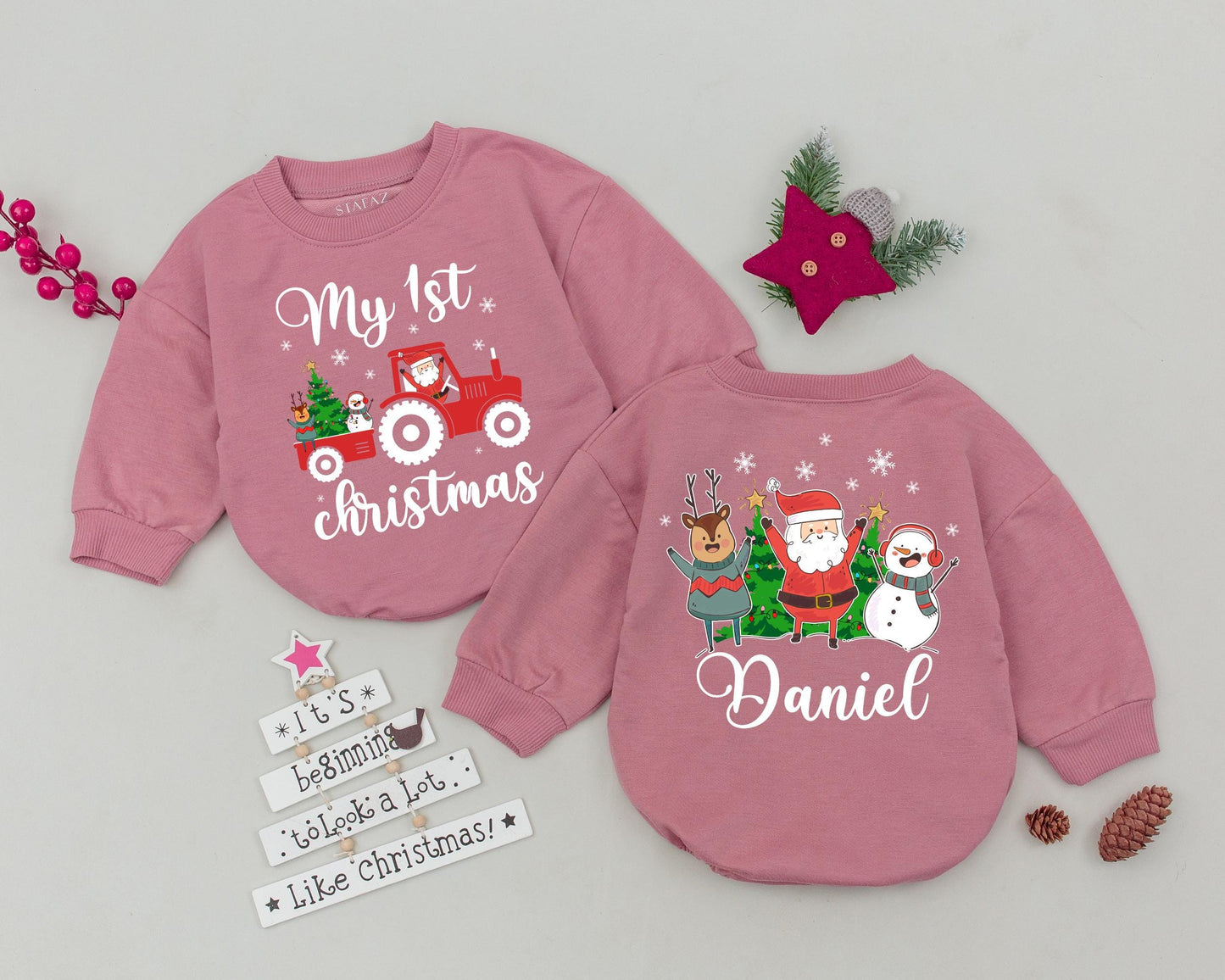 Custom Name Retro Baby Bodysuit, First Christmas Bubble Romper